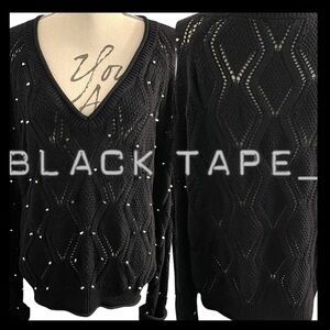 Black Tape_ Black Studded Cotton Blend V-Neck Pointelle Knit Sweater (L/XL)
